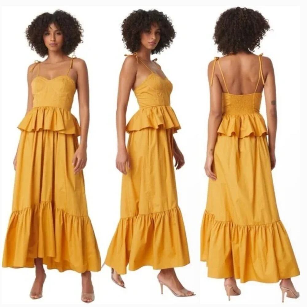 Misa Los Angeles Mustard Yellow Tiered Midi Dress